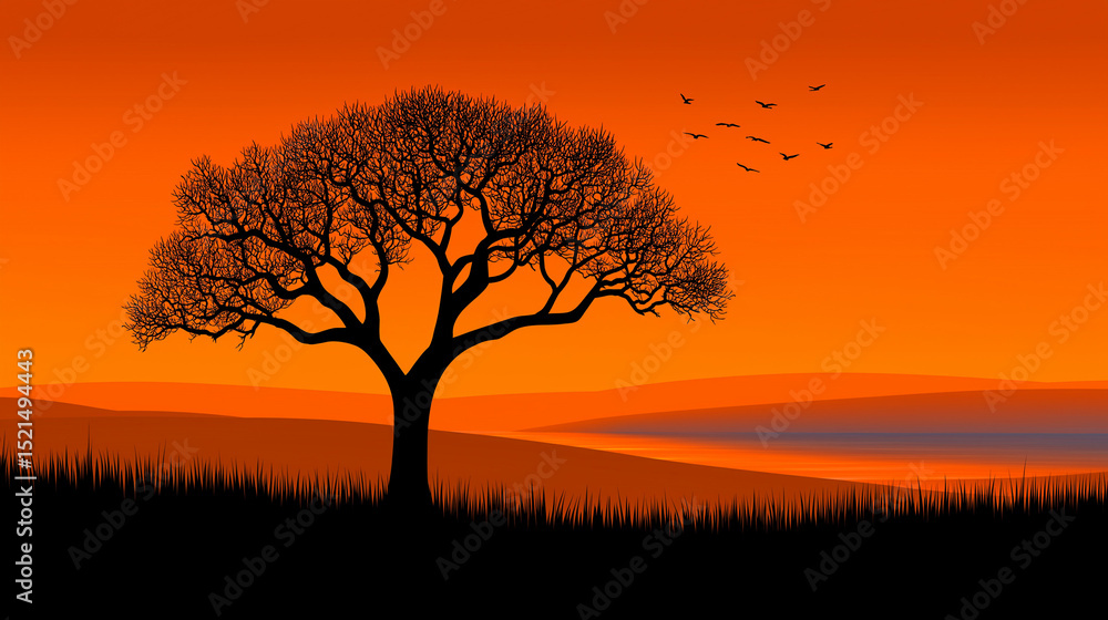 Obraz premium Silhouette of Solitude: An evocative illustration of a solitary tree stands against a fiery orange sunset sky, accompanied by the graceful flight of birds, evoking a sense of peace and tranquility.