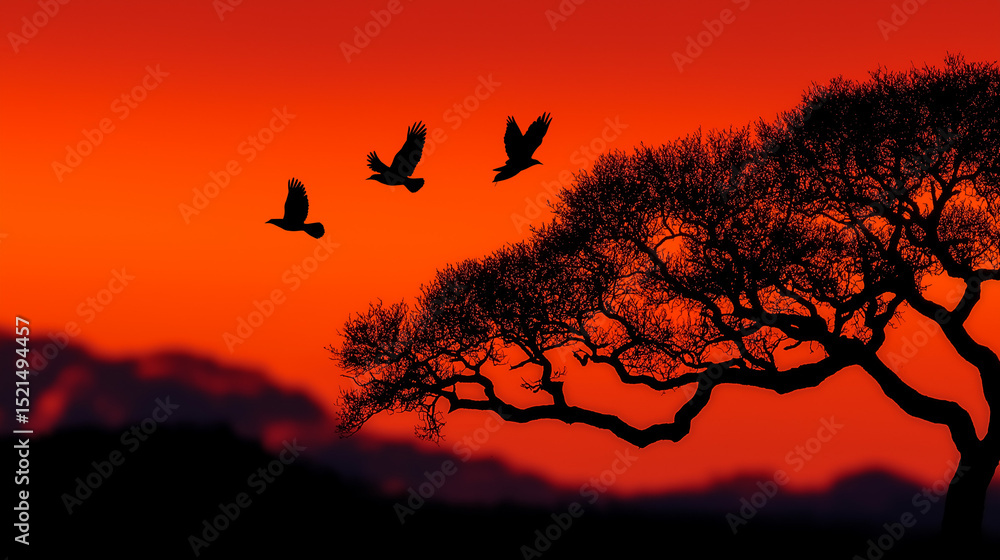Sunset Silhouette: The dramatic scene features a majestic tree, its silhouette set against a fiery orange sky, with birds gracefully taking flight, encapsulating the beauty of nature at dusk. Sunset Silhouette: The dramatic scene features a majestic tree, its silhouette set against a fiery orange sky, with birds gracefully taking flight, encapsulating the beauty of nature at dusk.