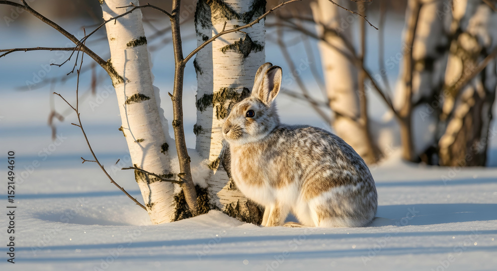 Naklejka premium Snowshoe Hare Resting Beside Birch Tree on Snowy Winter Landscape
