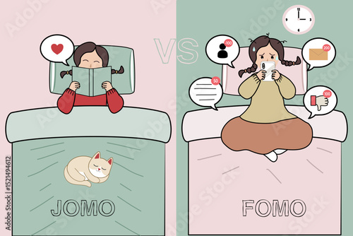 FOMO vs JOMO Bedroom Scene – Woman Upset by Social Media vs Calm with Book and Cat – Concept for Mindfulness and Digital Detox