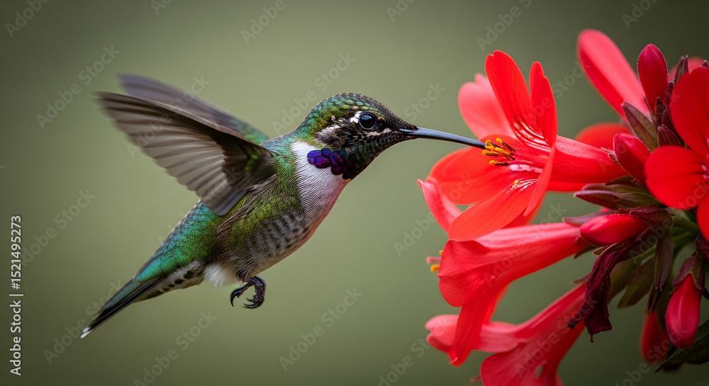 Fototapeta premium Hummingbird Seeking Nectar From Vibrant Scarlet Flowers In a Spring Garden