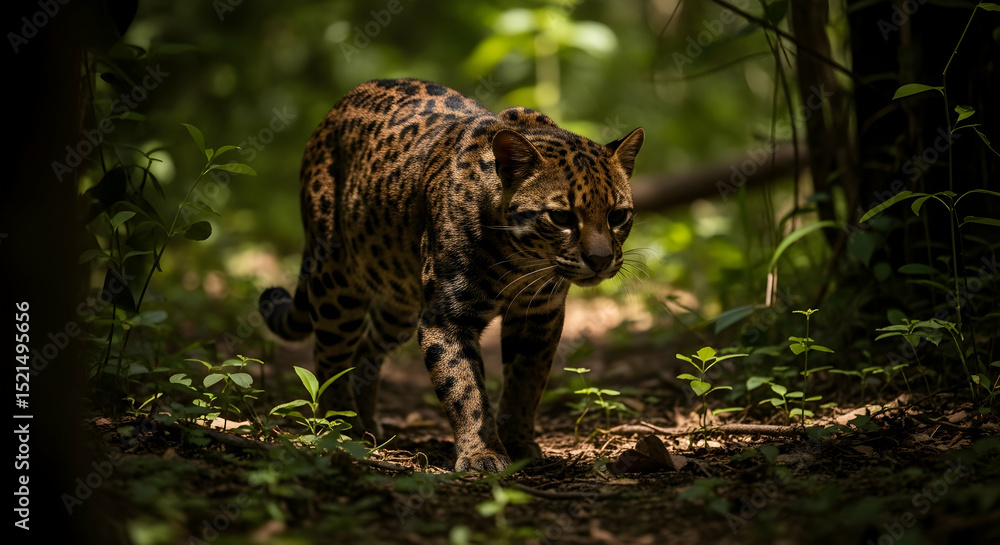 Fototapeta premium Ocelot Patrolling Jungle Floor With Graceful Gait in Natural Habitat