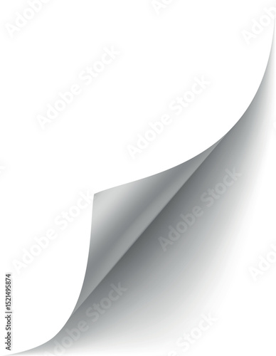 Curled paper corner, white paper page turning edge curl corner, realistic bent sheet with shadow vector overlay effect
