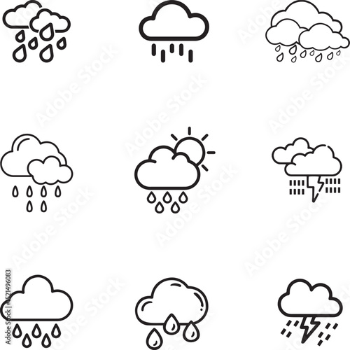 Comprehensive set of outline weather icons depicting various atmospheric conditions like rain, storms, and sunny clouds, perfect for forecasting apps, climate reports, and environmental designs.