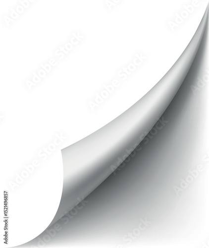 Curled paper corner vector overlay effect, white paper page turning edge curl corner, realistic bent sheet with shadow