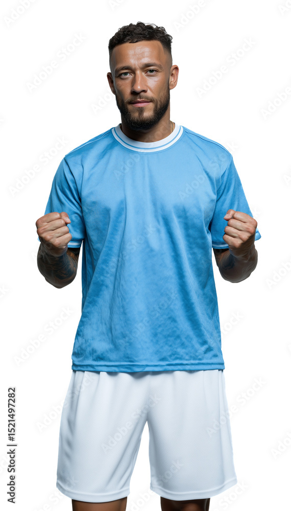 Soccer player in light blue and white uniform celebrating with clenched fists standing isolated on transparent background representing sports enthusiasm and competitive spirit. Soccer player in light blue and white uniform celebrating with clenched fists standing isolated on transparent background representing sports enthusiasm and competitive spirit.