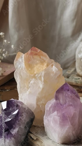 Raw Amethyst and Citrine Crystals on Open Antique Book Pages, with Baby's Breath Flowers and Textured Fabric Background