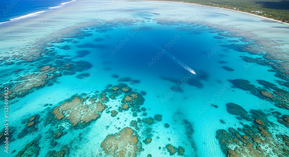 Fototapeta premium Turquoise Paradise Boat Glides Across the Clear Tropical Lagoon Waters