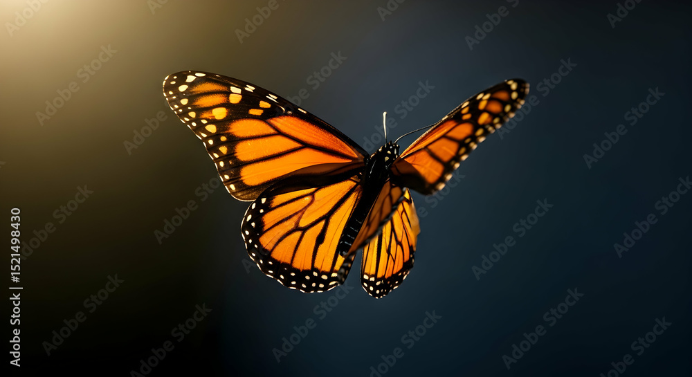 Fototapeta premium Monarch Butterfly Gracefully Dancing In The Air And Illuminated With Sunlight