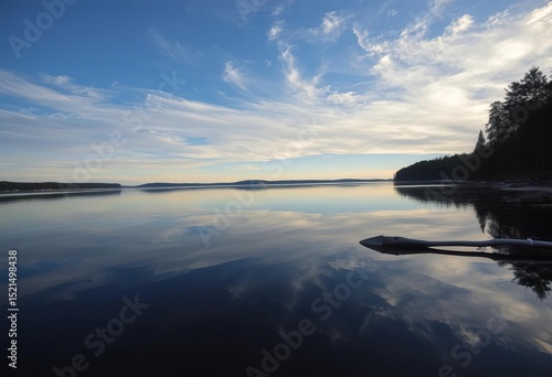 Fototapeta Naklejka Na Ścianę i Meble -  Still, glassy Muskoka lake reflecting sky, tranquil scene,  summertime, clear water