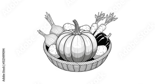 Illustration of a Pumpkin Surrounded by Various Fresh Vegetables in a Basket on a White Background