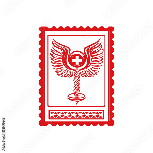 Red Framed Medical Caduceus Symbol with Wings and Cross Design on a White Background