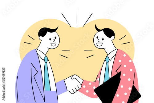 vector-style illustration featuring two cartoon characters engaged in a handshake. 