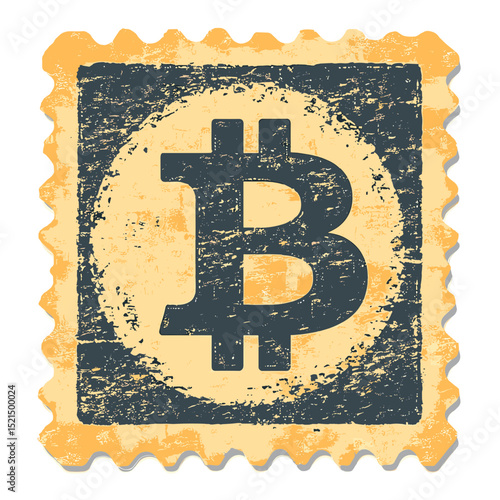 Retro Square Beige Stamp Featuring Stylized Bitcoin Symbol on White Background