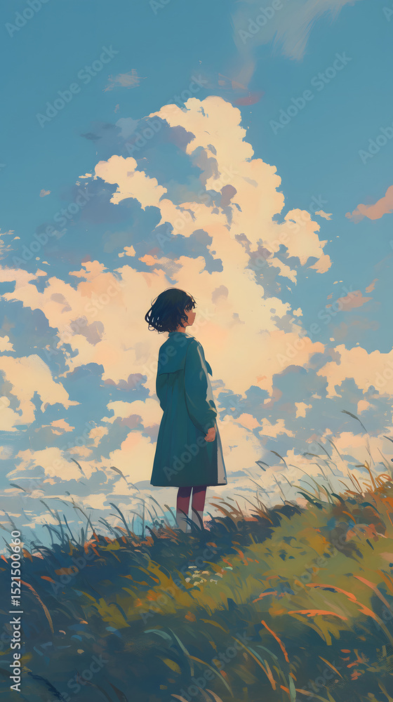 Obraz premium A Girl Gazing at a Cloud-Filled Sky