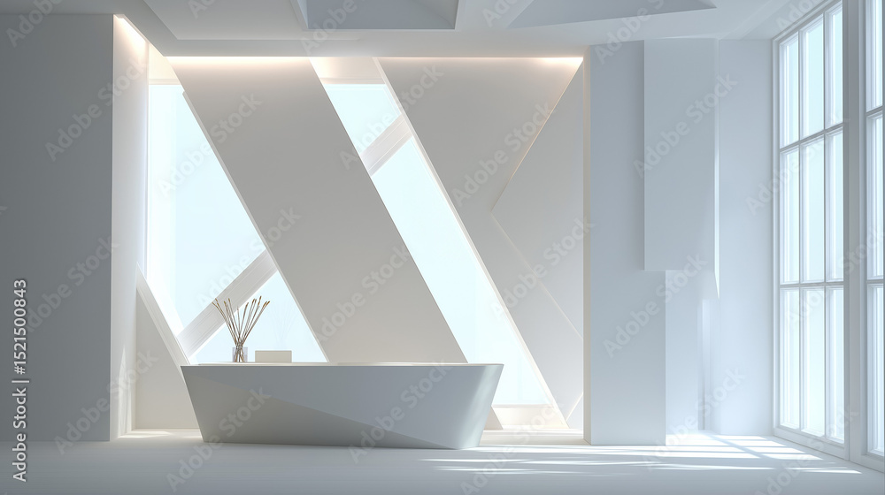 Fototapeta premium Minimalist white office with abstract geometric shapes and soft lighting, embodying modern simplicity and creative elegance