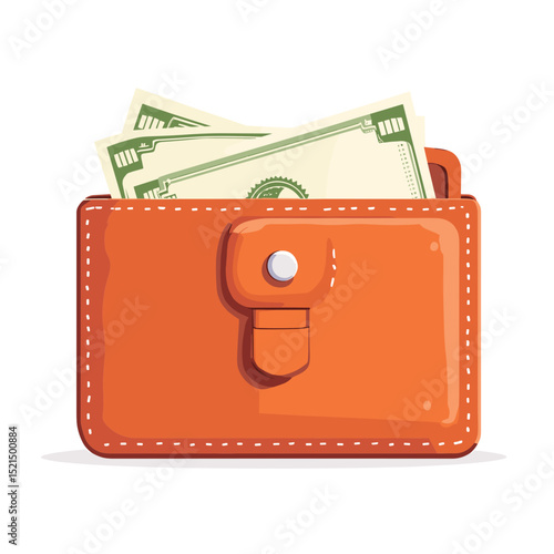 Orange Leather Wallet Filled with Green Dollar Bills Isolated on White Background Showcasing Financial Wealth and Currency