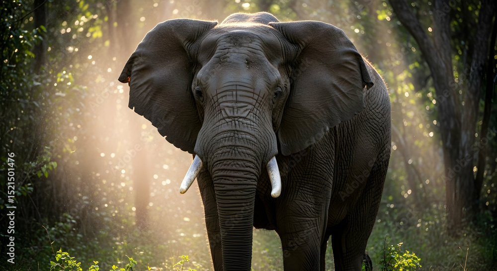 Fototapeta premium Majestic Elephant Encounter In Verdant Forest Sunlight Safari Journey