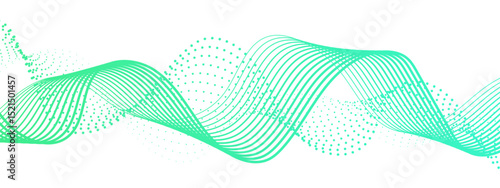 Abstract dynamic and flowing background with soft turquoise-green waveforms and dotted halftone elements. Aesthetic is futuristic, minimalistic, and technology-inspired, ideal for science, digital,