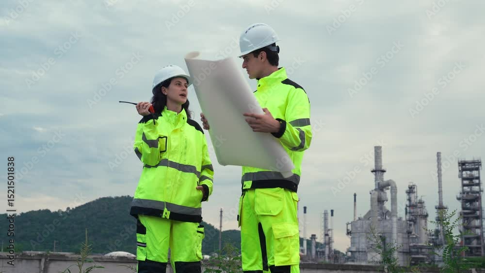 custom made wallpaper toronto digitalFactory Worker, Engineering Team of Man and Woman Discussing New Project on Fuel Pipeline System at Petroleum Oil Refinery Background