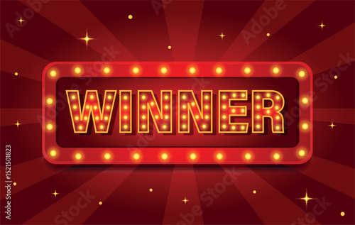 Vector illustration of a glowing sign with the inscription WINNER on a bright background with stars. Ideal for the design of victories, icons, awards, competitions, shows and holiday announcements
