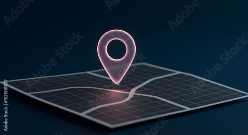 Stylized translucid map pin dropping onto flat grid map on dark background