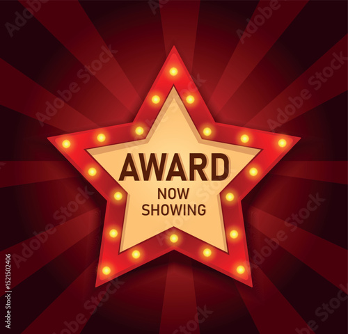 Vector illustration of glowing star on bright background with AWARD inscription on red background. Element of show, ceremony, movie poster or award. Bright neon style for banners and design