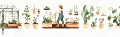 Watercolor illustration of gardener working in garden beds with various potted plants flowers greenhouse and gardening tools seamless horizontal pattern background design
