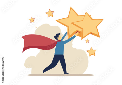 Businessman superhero holding big golden stars excellence rating concept with red cape and minimalist flat design vector illustration