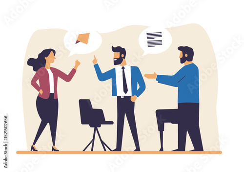 Business people discussing ideas during meeting with speech bubbles symbolizing communication and teamwork in flat vector style