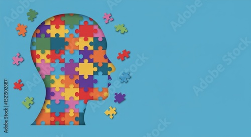 Human head outline filled with colorful puzzle pieces, representing autism spectrum disorder. Mental health awareness concept.
