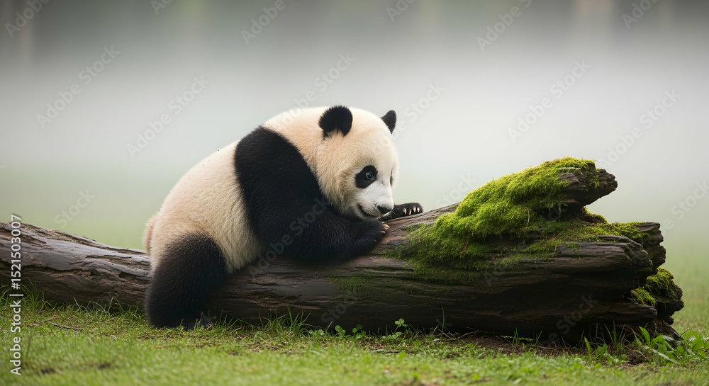 Naklejka premium Pensive Panda Resting Peacefully on a Mossy Log in a Misty Forest