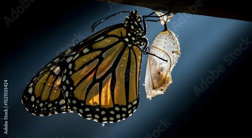 Newly Emerged Monarch Butterfly beside its Chrysalis Pupa Hanging On Branch