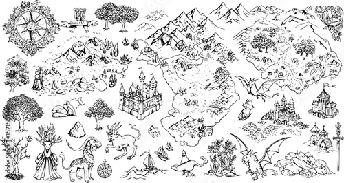 Fantasy map elements illustration, drawing, engraving, ink, line art, vector
