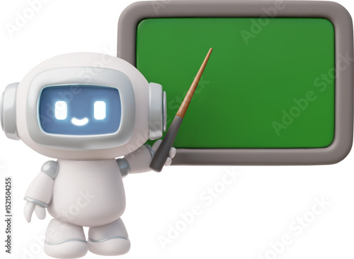 Chatbot robot teacher with pointer stick shows on chalk board 3D vector, artificial intelligence in school, college