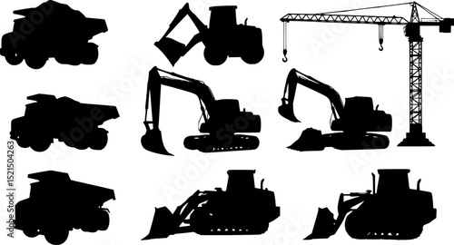 Set of silhouette of heavy construction vehicle. black and white icon truck. vector vset
