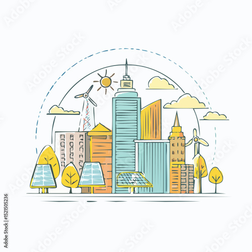 Vector concept and infographic design elements in trendy linear style - city illustration concept with alternative energy generators
