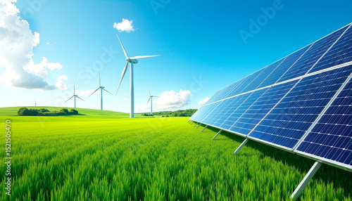 solar panels and wind turbines on a green field