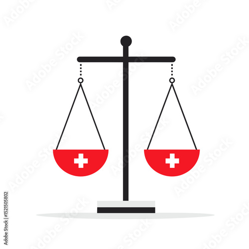Minimalist Scales of Justice with Red Medical Crosses on Cups Against a White Background