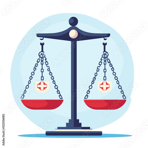 Medical Justice Scale with Red and White Accents on Blue Background Representing Healthcare Balance Law and Equality