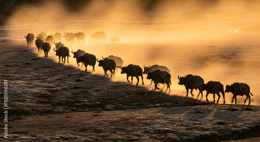 Fototapeta premium Cape Buffaloes Migrate Through Mist At Sunset In African Savannah