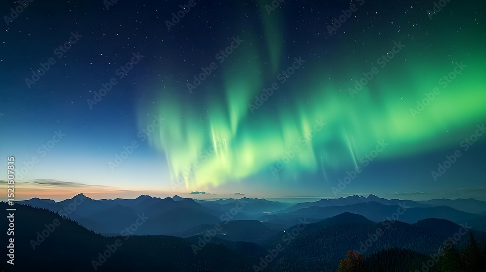 Naklejka premium Majestic Aurora Over Mountainous Cityscape At Night