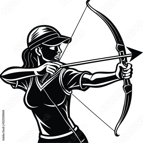 Silhouette of Woman Aiming Compound Bow – Archery Sport Vector Illustration