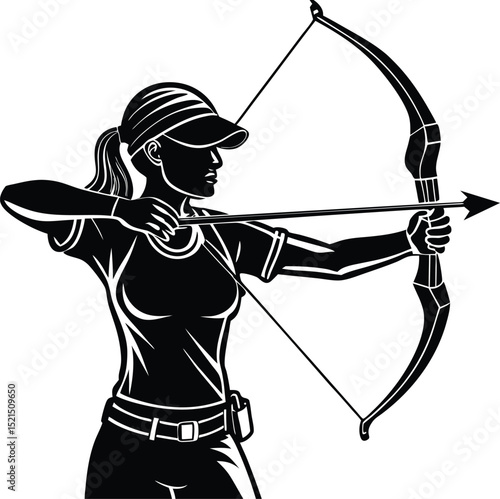 Silhouette of Woman Aiming Compound Bow – Archery Sport Vector Illustration