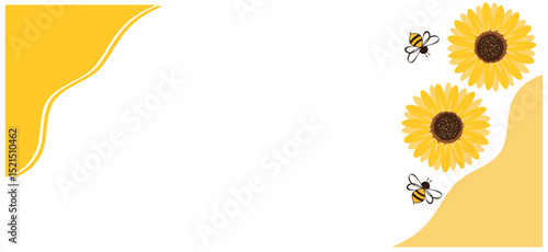 Honey sign with yellow curve, sunflower bee cartoon icon isolated on white background vector. 