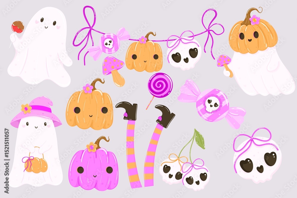 Naklejka premium Cute Halloween Ghost Clipart.Pastel Spooky Pumpkin Set. Adorable Witch Candy Elements .Whimsical Halloween Bow Pack .Sweet Ghost Skull Decor Clipart