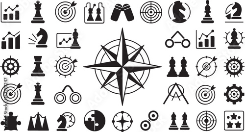 Strategic planning and business success icons: chess pieces, targets, graphs, and compasses