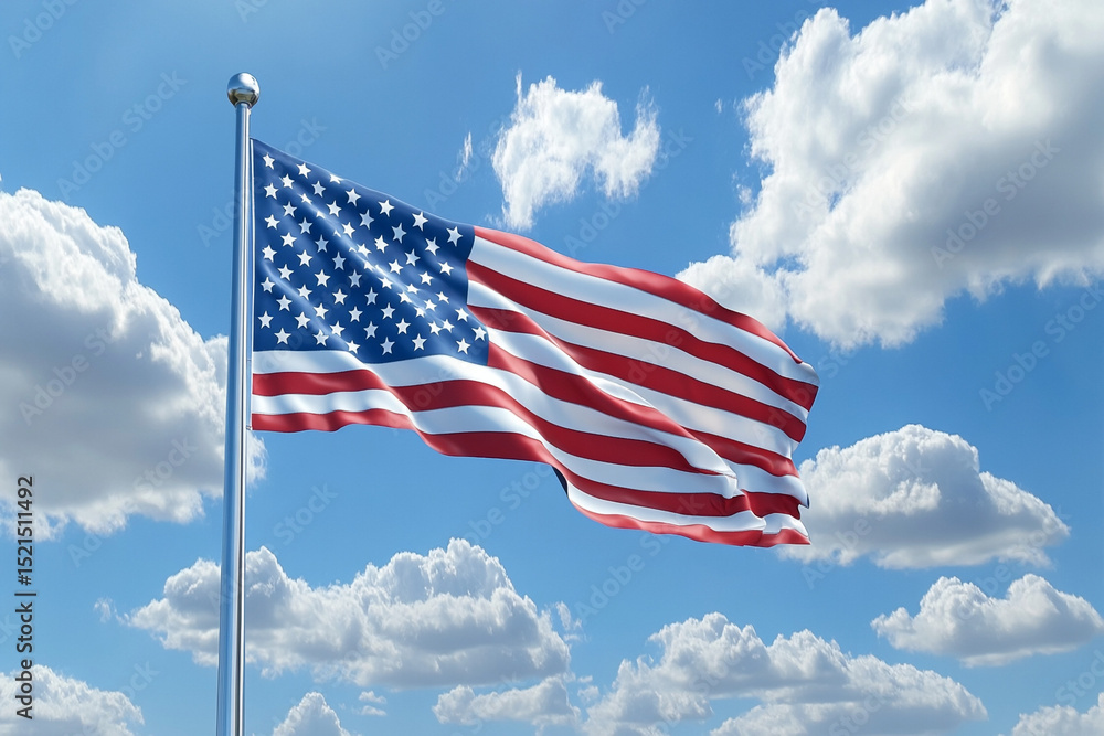 American Flag Waving on a Silver Pole Against a Blue Sky with Puffy Clouds American Flag Waving on a Silver Pole Against a Blue Sky with Puffy Clouds