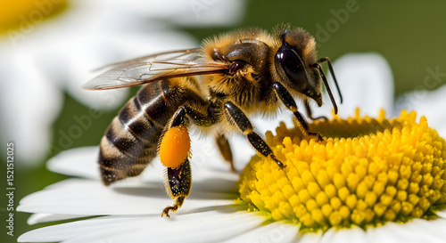 Fototapeta Naklejka Na Ścianę i Meble -  Honeybee Engaged in Pollination Process on a White Daisy Flower