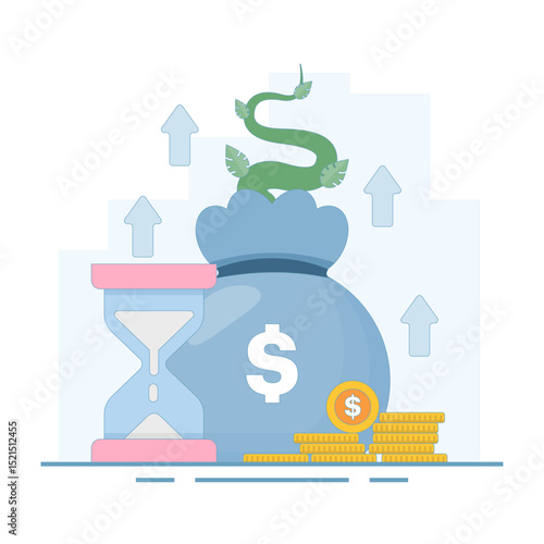 Savings and investment concept, prosperity, Investment Grows with Money Bag. long term investment. Wealth Grows with Dollar Coins, Money Bag. flat design illustration in background.